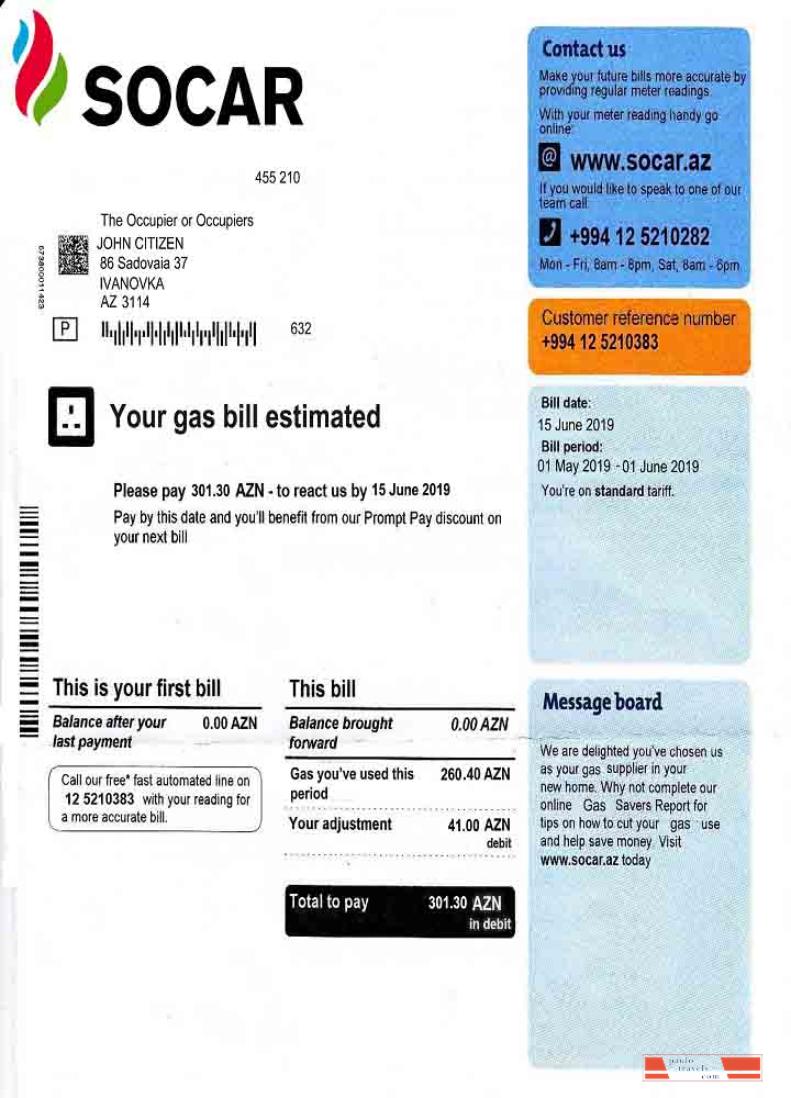 Azerbaijan Socar Gas utility bill template in Word and PDF format
